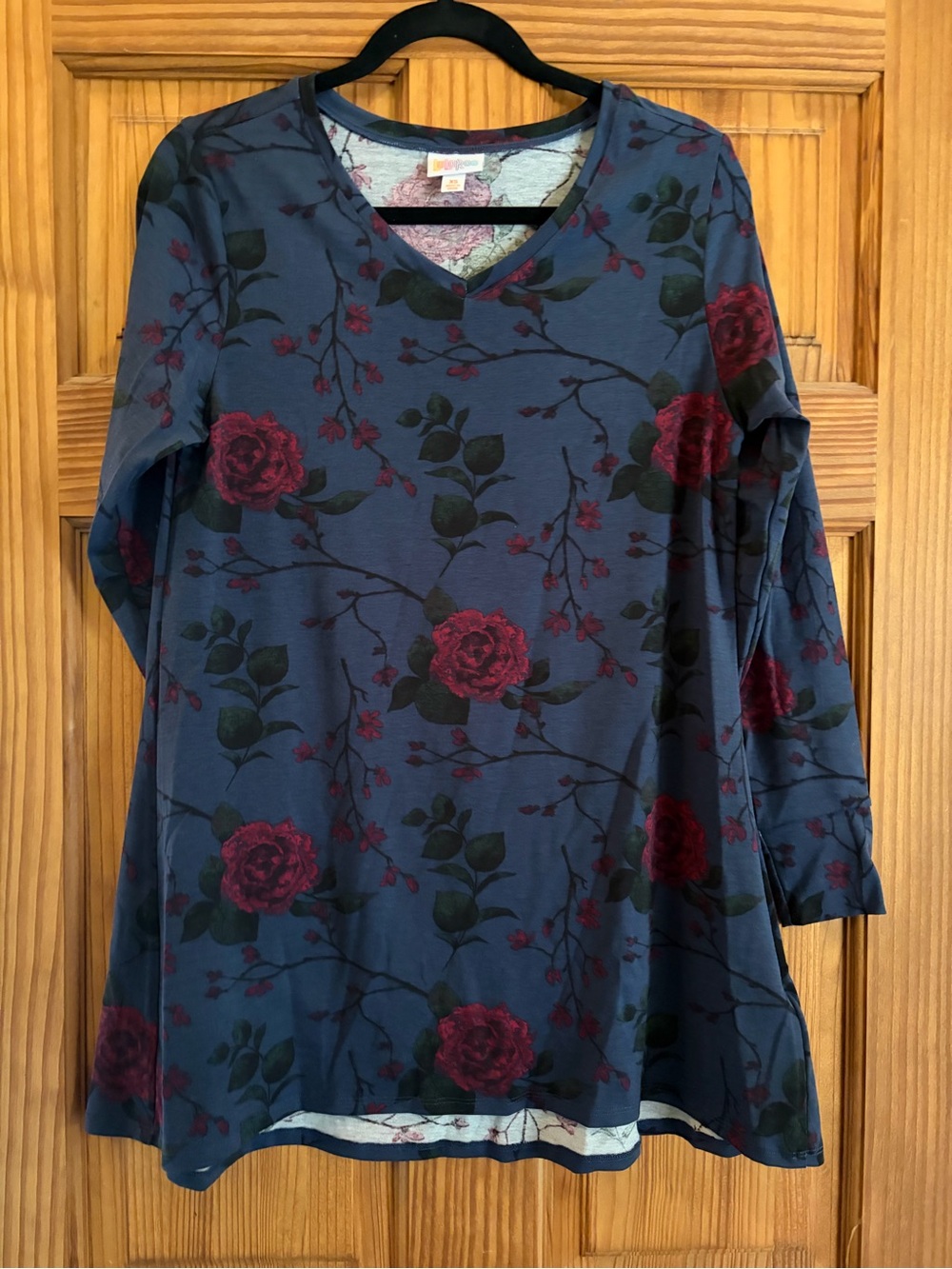 LuLaRoe Blue V-Neck Tunic with Red Rose Print